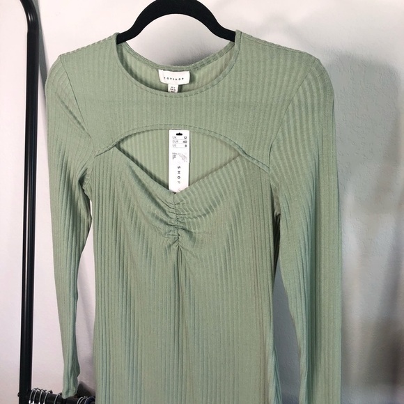 Topshop Ribbed Sage Green Cutout Bodycon Dress - Picture 2 of 6